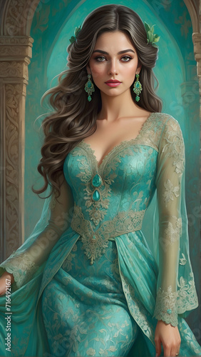 high quality, 8K Ultra HD, Omar Rayyan style illustration of a very beautiful twenty year old woman, similar to Ana Brenda Contreras, dressed in a beautiful turquoise green lace dress, green mist,  photo