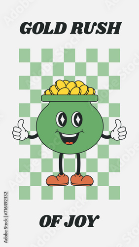 Green pot with gold coins, happy retro cartoon groovy character. Saint Patrick’s Day. Groovy, Y2K, vintage aesthetics.Cute mascot design for Instagram templates, stories, posters, web, or stickers.
