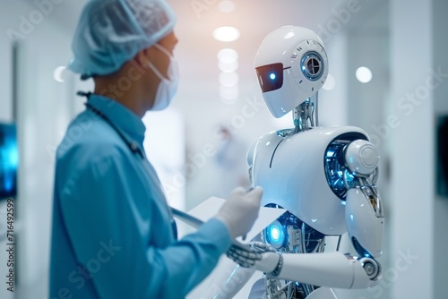 Medical technology, doctor use AI robots for diagnosis, care, and increasing accuracy patient treatment in future. Medical research and development innovation technology to improve patient health