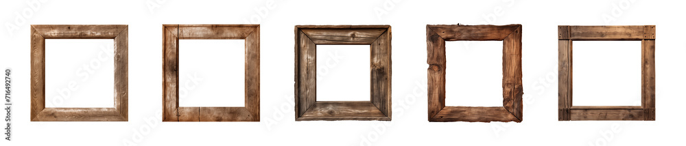 Collection of old wooden square frame isolated on a transparent background