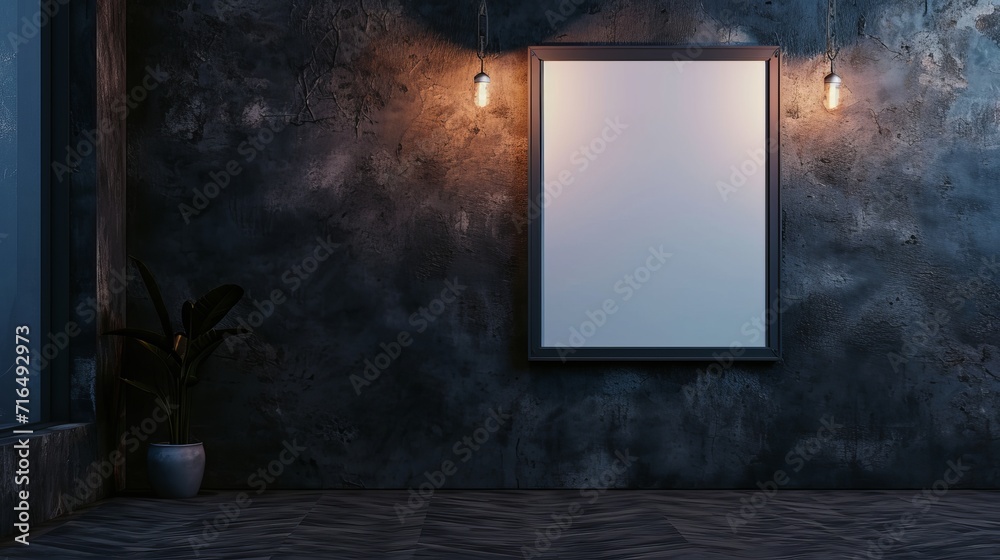 Modern Interior with Blank Mockup Frame, Illuminated by Elegant Pendant Lights, Against a Textured Dark Wall with a Potted Plant Modern Interior with Blank Mockup Frame, Illuminated by Elegant Pendant Lights, Against a Textured Dark Wall with a Potted Plant