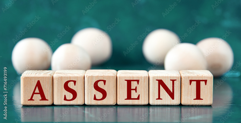 ASSENT - word on wooden cubes on a green background with wooden balls ASSENT - word on wooden cubes on a green background with wooden balls