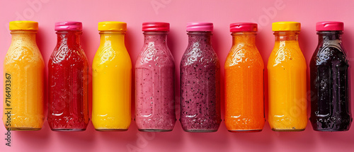 Healthy smoothies in glass bottles pattern on a pastel pink background. Diet and fitness concept.
