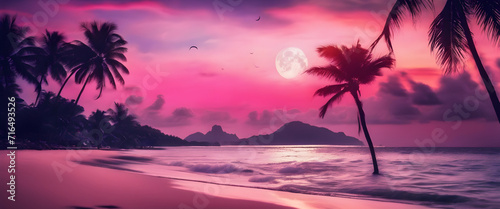Serene Beach Paradise: Crystal Clear Waters, Moon Night, Colorful Dream Sky, High Contrast, Saturated Colors, Tropical Palm Trees, Dream World Destination, Seascape Fantasy.