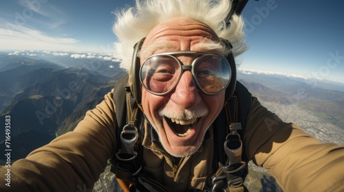 Excited elderly man skydiving with goggles, wide-angle selfie with clear blue sky and mountains in the background.