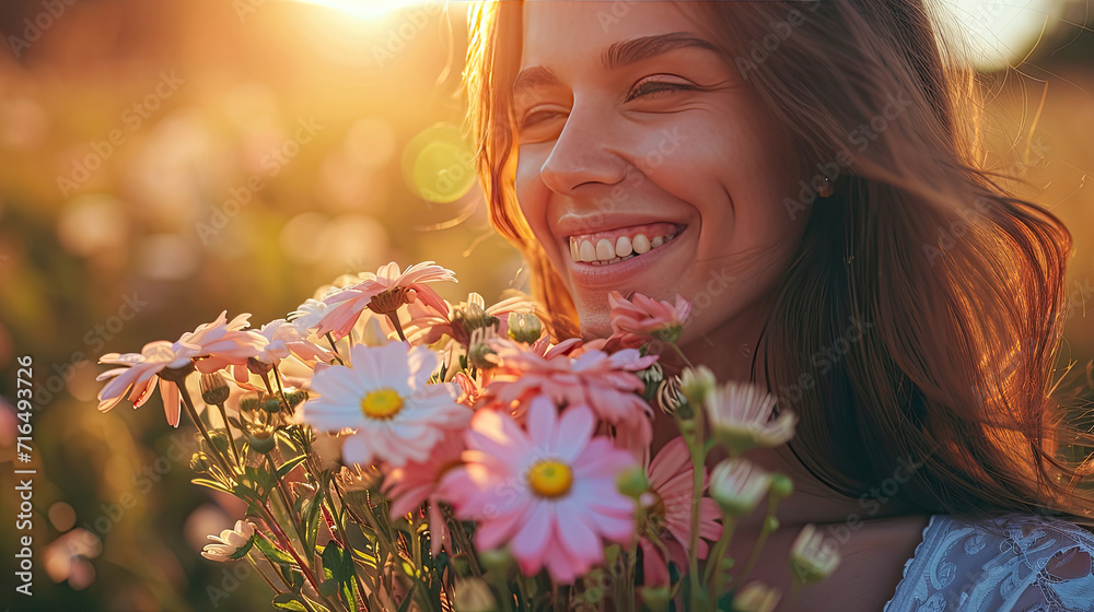 Smiling Woman with Flowers in Warm Light