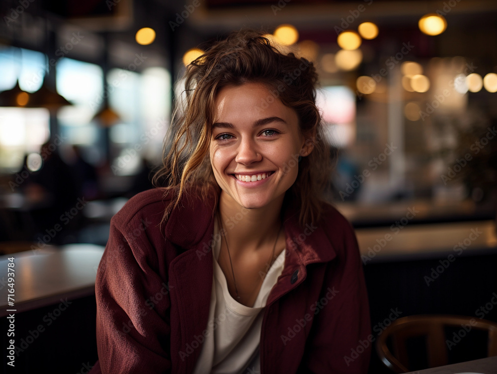 Smiling Woman Sitting at Restaurant Table Enjoying Meal and Conversation Smiling Woman Sitting at Restaurant Table Enjoying Meal and Conversation