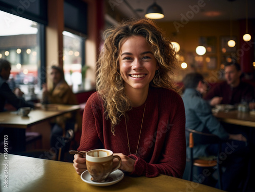 Woman Sitting at Table With Coffee Cup, Morning Scene and Relaxation