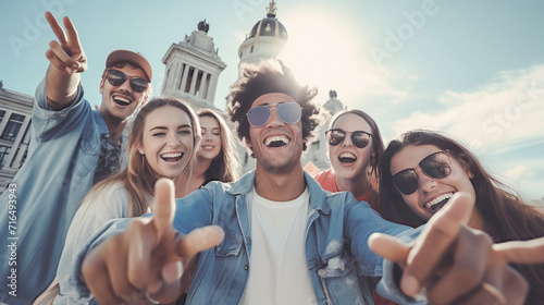 Smiles and Memories: Group of Friends Posing at Famous Monuments