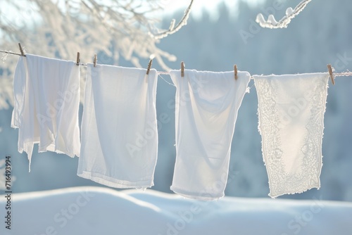 Snow-white sheets hanging on a rope with clothespins