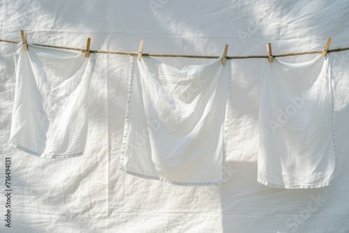 Snow-white sheets hanging on a rope with clothespins photo