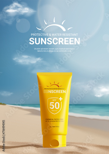 Sunscreen ad poster template. Flyer with tube of sunscreen on beach sand with sunny sea shore on background. Vector 3d ad illustration for promotion of summer goods and cosmetics.