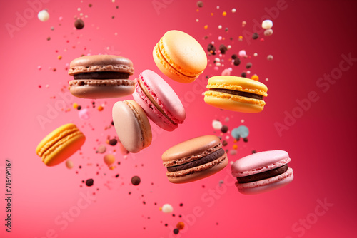 Wallpaper Mural Different types of macaroons in motion falling on a colorful background. Colorful macarons biscuits float in the air on a pastel blue background. Surreal sweet food aesthetic concept. Torontodigital.ca