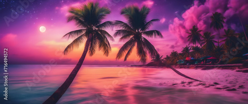 Serene Beach Paradise: Crystal Clear Waters, Moon Night, Colorful Dream Sky, High Contrast, Saturated Colors, Tropical Palm Trees, Dream World Destination, Seascape Fantasy. © ImagineInfinite