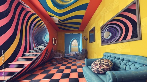 Vivid modern colorful interior. Super extravagant room design with optical illusion elements photo