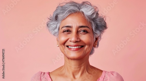 A studio setting captures the timeless charm of an Indian senior woman, accentuating her stylish grey hair and joyful smile.