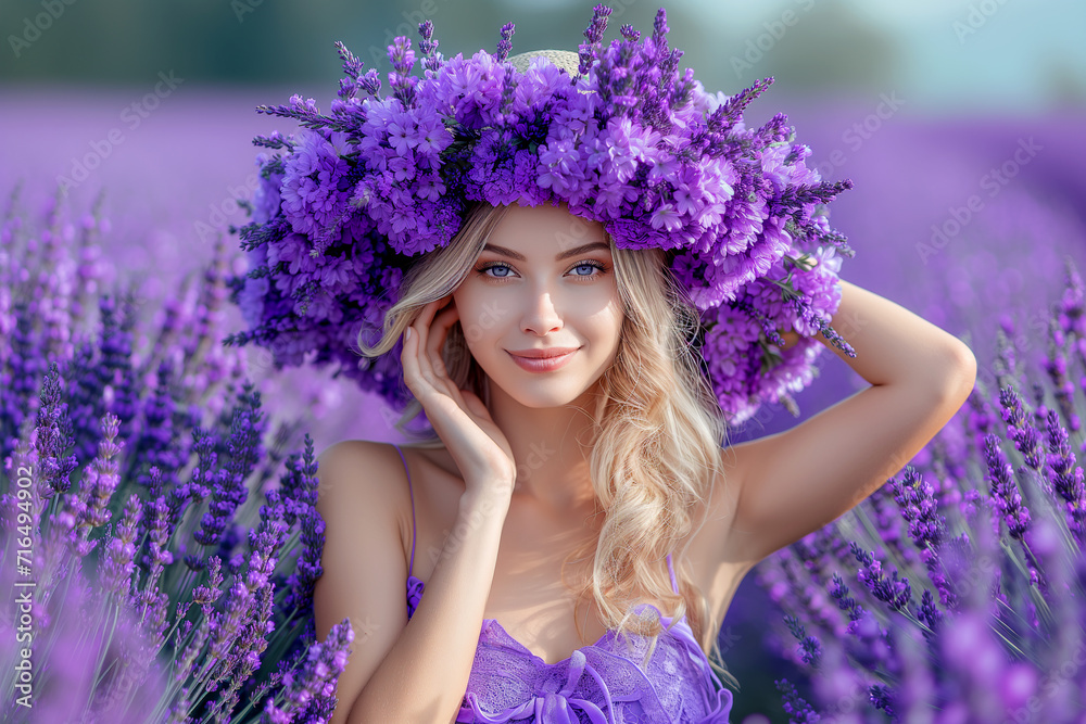 middle-aged woman sits in a lavender field and enjoys aromatherapy. middle-aged woman sits in a lavender field and enjoys aromatherapy.