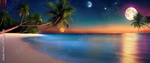 Serene Beach Paradise: Crystal Clear Waters, Moon Night, Colorful Dream Sky, High Contrast, Saturated Colors, Tropical Palm Trees, Dream World Destination, Seascape Fantasy.