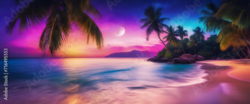 Serene Beach Paradise  Crystal Clear Waters  Moon Night  Colorful Dream Sky  High Contrast  Saturated Colors  Tropical Palm Trees  Dream World Destination  Seascape Fantasy.