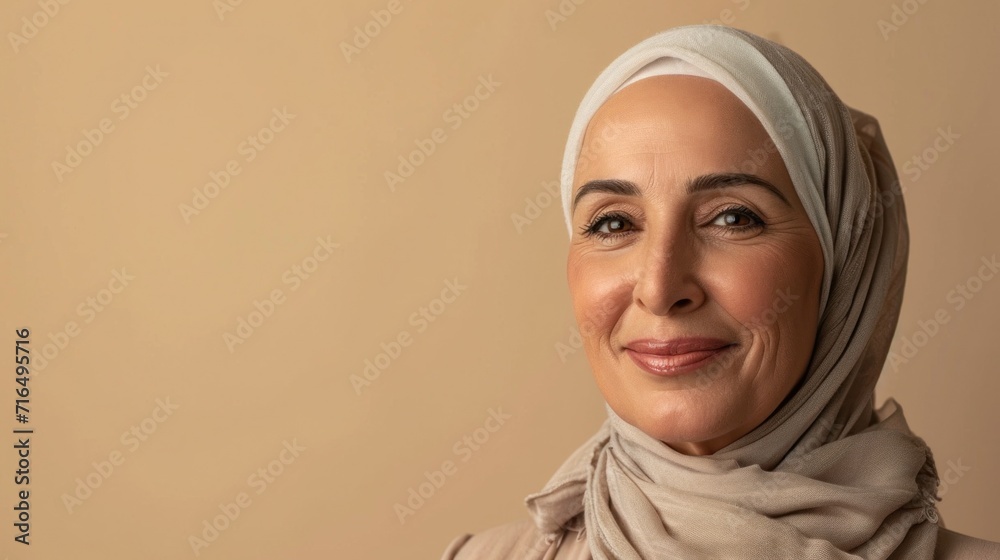 Joyful expression and graceful aging captured in a Muslim senior woman's studio portrait with stylish grey hair, wrinkles, and a light backdrop. Joyful expression and graceful aging captured in a Muslim senior woman's studio portrait with stylish grey hair, wrinkles, and a light backdrop.