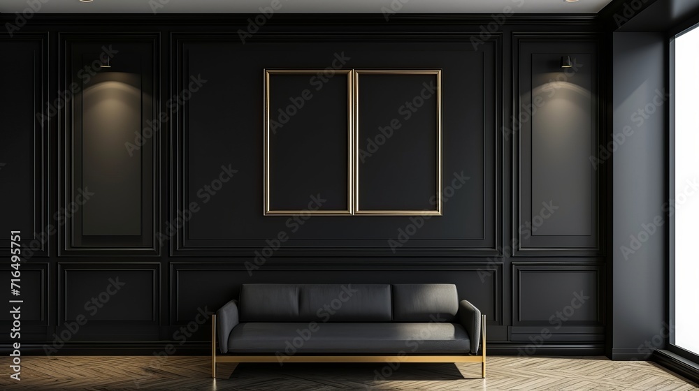 Elegant Interior with Black Paneled Walls, Gold Framed Mockup Frames, Modern Grey Sofa, and Ambient Lighting Elegant Interior with Black Paneled Walls, Gold Framed Mockup Frames, Modern Grey Sofa, and Ambient Lighting
