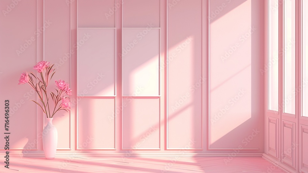 Elegant Interior with Pink Tones, White Mockup Frames on Wall, and Beautiful Flowers in Vase Illuminated by Natural Light Elegant Interior with Pink Tones, White Mockup Frames on Wall, and Beautiful Flowers in Vase Illuminated by Natural Light