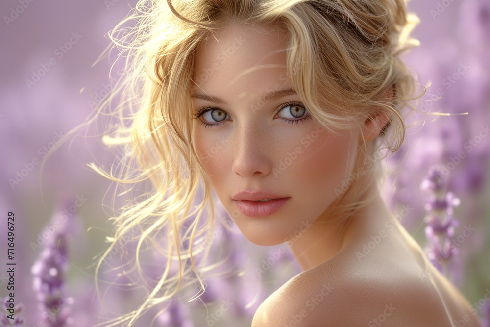 beautiful young girl a straw hat on a field of purple flowers