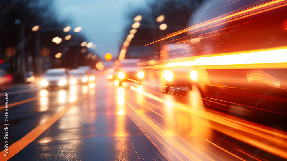 blurred background traffic on a night road, abstract tracks of headlights, translucent golden rays of light on a city street background, nightlife