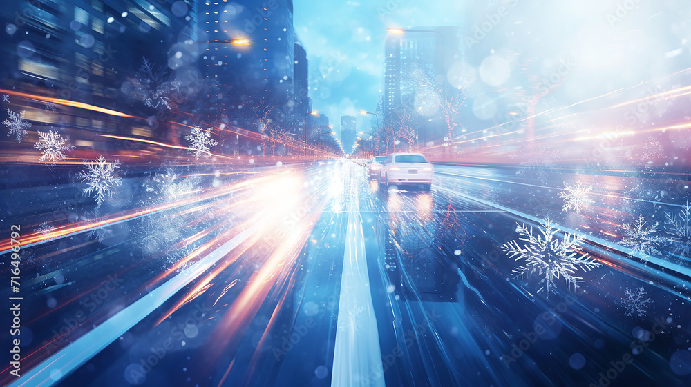 winter christmas background road in blur tracks from headlights and abstract snowflake shapes, copy space city street, highway in december illustration