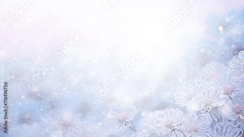 blurred winter background with snowflakes, copy space, soft pastel delicate light blue color blank christmas greeting