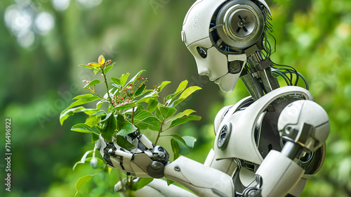 Ethical Green AI Reaching to Nature. Sustainability, Ecology, Environment. Smart Living, Biodiversity, Future Technology for Good. Automation, Intelligent Assistant, Robotic Ecology Professional