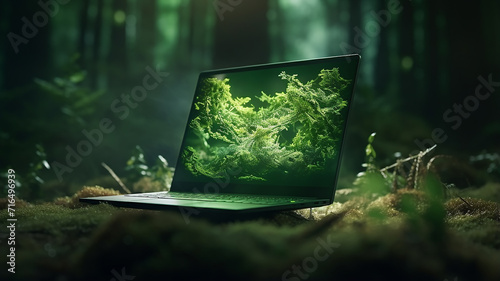 open laptop turned on against the background of green nature, eco-friendly concept new technologies green energy photo