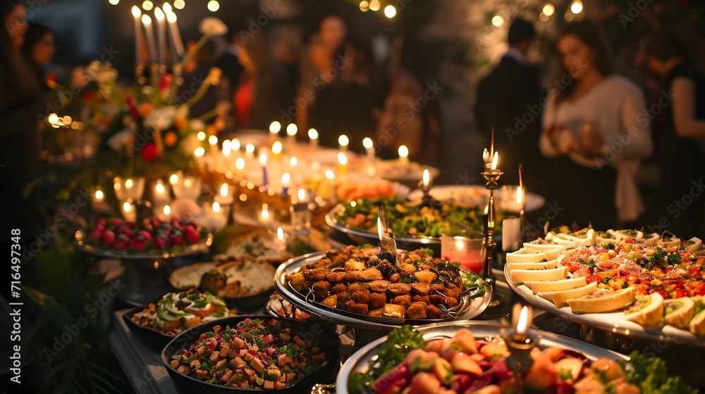 a buffet line with many different types of food on it and candles in the background of the table and people standing around