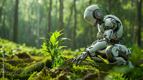 Ethical Green AI Reaching to Nature. Sustainability, Ecology, Environment. Smart Living, Biodiversity, Future Technology for Good. Automation, Intelligent Assistant, Robotic Ecology Professional