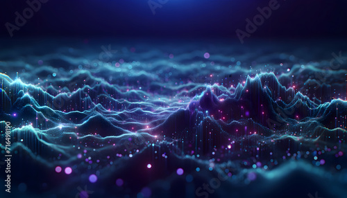 A dynamic digital landscape with waves of blue and purple light, representing data flow, virtual reality, or digital communication