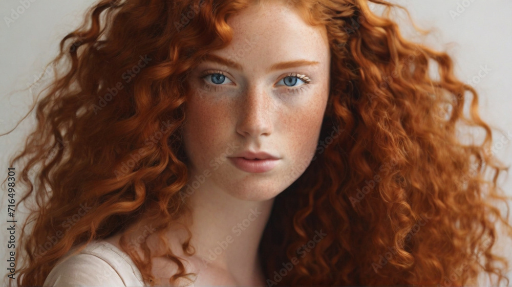 Fototapeta premium Portrait of young beautiful woman with bright blue eyes, beautiful healthy voluminous red curly hair and freckles on face