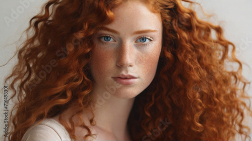 Portrait of young beautiful woman with bright blue eyes, beautiful healthy voluminous red curly hair and freckles on face