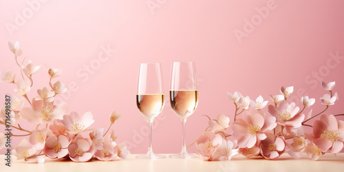 Wine glasses and flowers. Concept for marketing banner, wedding greeting card, social media, Valentines Day, engagement, birthday, love message, celebration, beauty and fashion, restaurant and winery 