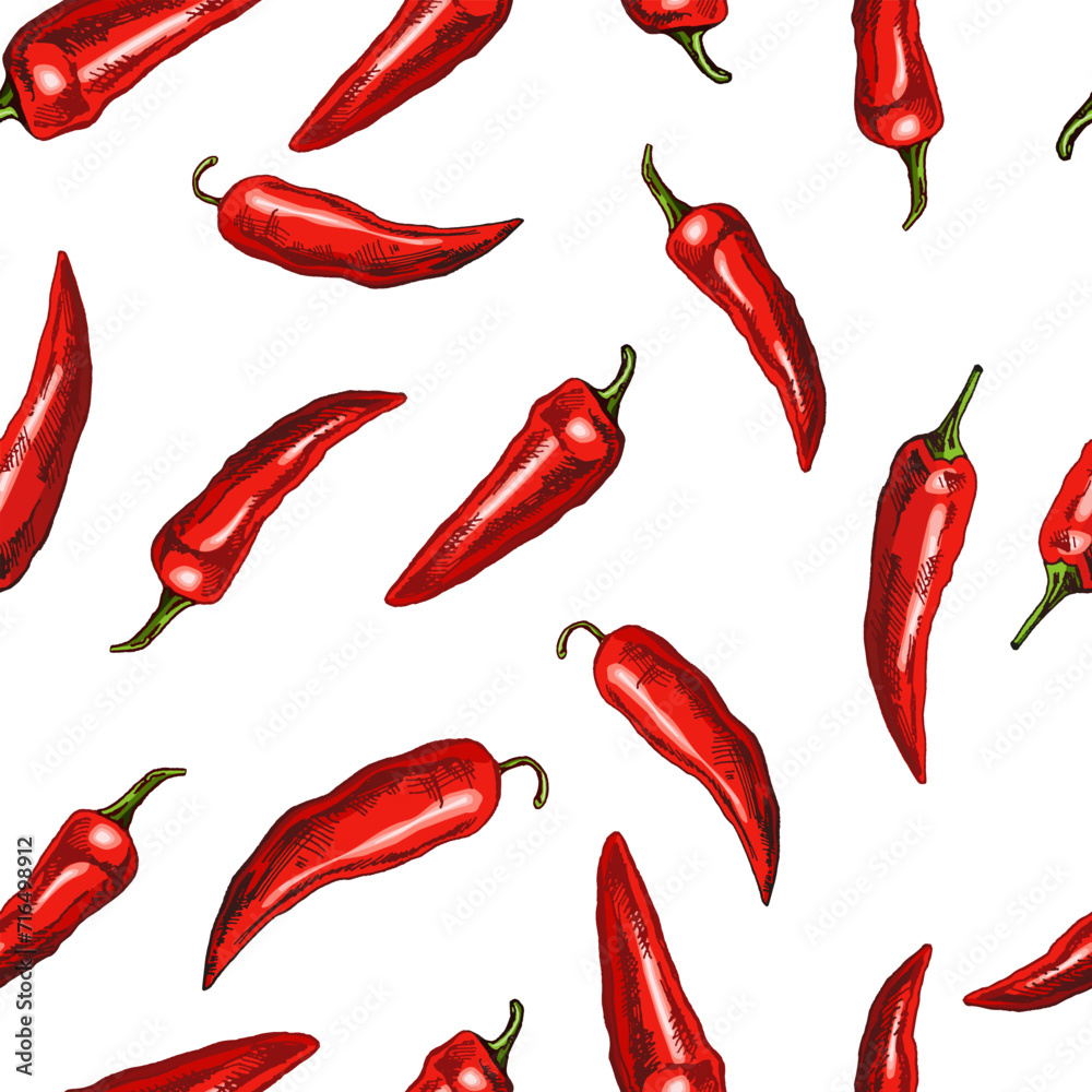 Hand-drawn vector seamless pattern of chili pepper. Vintage doodle illustration. Sketch for cafe menus and labels. The engraved image. - obrazy, fototapety, plakaty 