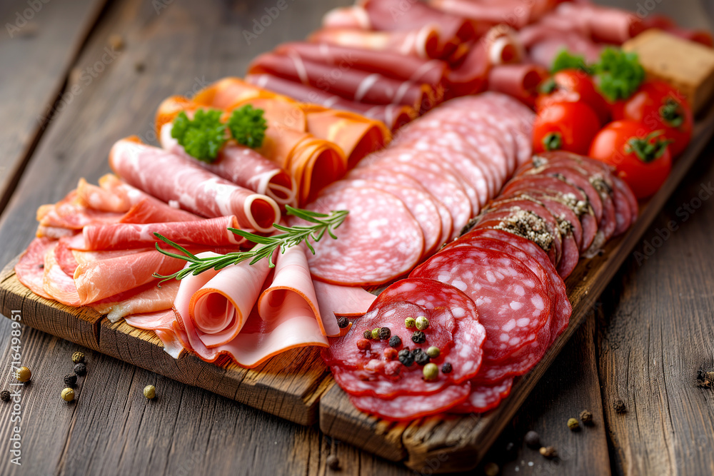 Assortment of processed cold meat products. On a wooden background. - obrazy, fototapety, plakaty 