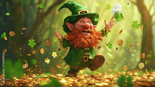 St. Patrick day, Green clover, Leprechaun drinking in a pub, pot of gold, green beer, lucky, viking, horns, helm, warrior, background poster, wallpaper, lucky, gold coins, beer