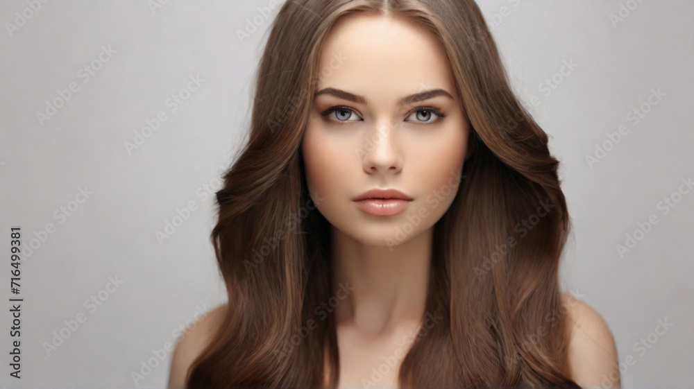 Fototapeta premium Portrait of young beautiful woman with beautiful silky brown long hair