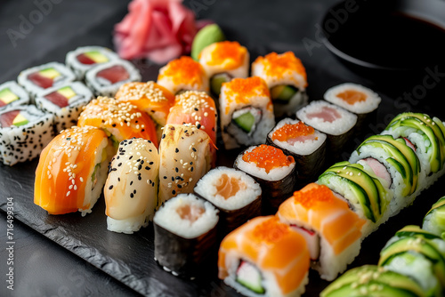 Big set of Japanease food. Sushi and rolls on a dark background.