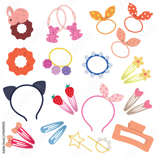 Vector set of elastic bands, hairpins and headbands, cute accessories for girls