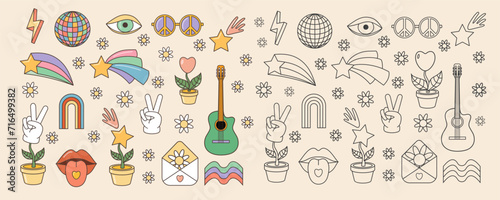 Funny cartoon peace, Love,  rainbow,  heart, star, mouth, guitar icon  etc. Isolated vector illustration. Sticker pack in trendy retro psychedelic cartoon style.  Groovy hippie 70s set.