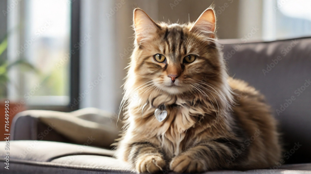 Beautiful domestic cat sitting on sofa in living room