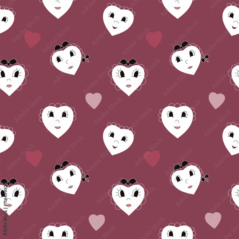 Seamless pattern with anthropomorphic hearts, background with a variety of hearts.