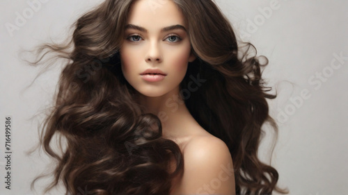 Portrait of young beautiful woman with beautiful silky brown long hair