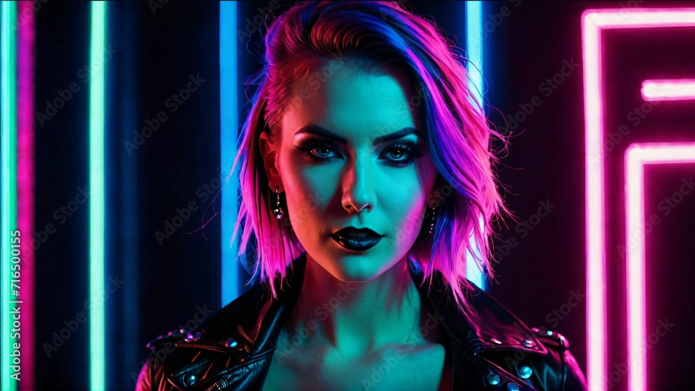 A beautiful cyberpunk girl stands against the backdrop of the night city of the future. Cyberpunk concept. A beautiful cyberpunk girl stands against the backdrop of the night city of the future. Cyberpunk concept.