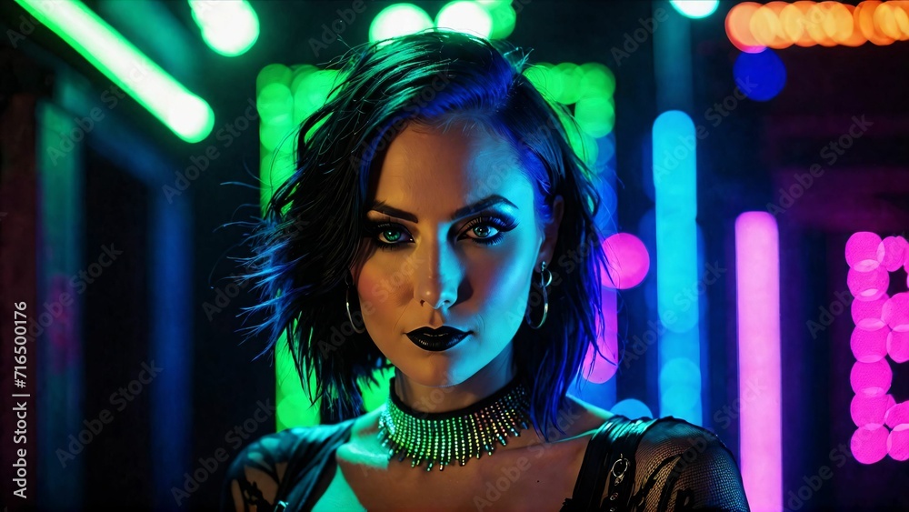A beautiful cyberpunk girl stands against the backdrop of the night city of the future. Cyberpunk concept. A beautiful cyberpunk girl stands against the backdrop of the night city of the future. Cyberpunk concept.
